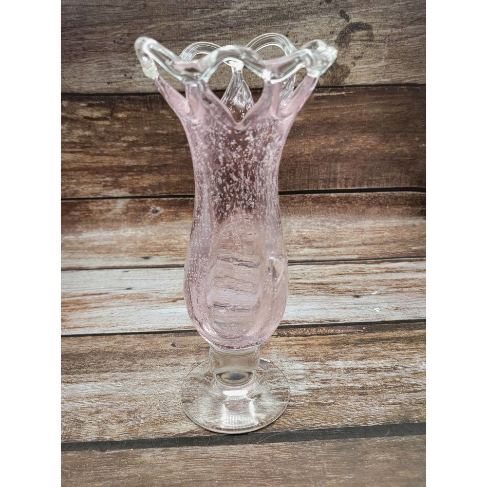 Hand blown pink lacy bubble footed vase
